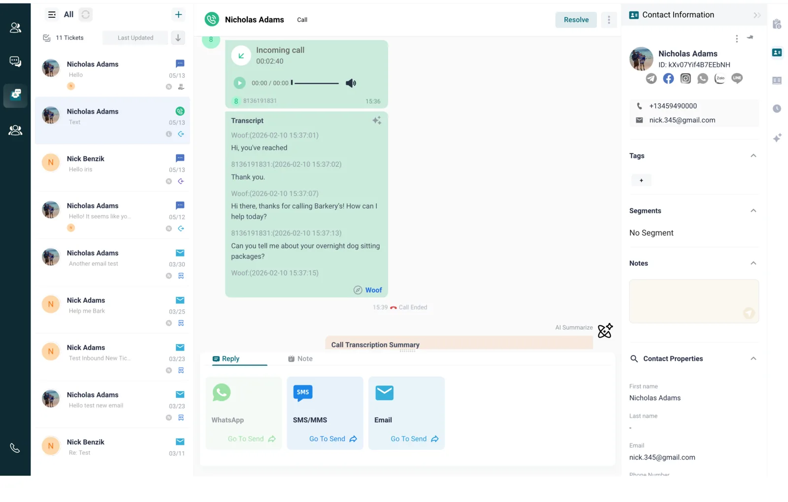 A call ticket with an AI transcript and reply options for WhatsApp, SMS and email